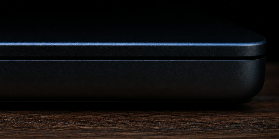 A closed MacBook in a dark room, giving off no light at all.