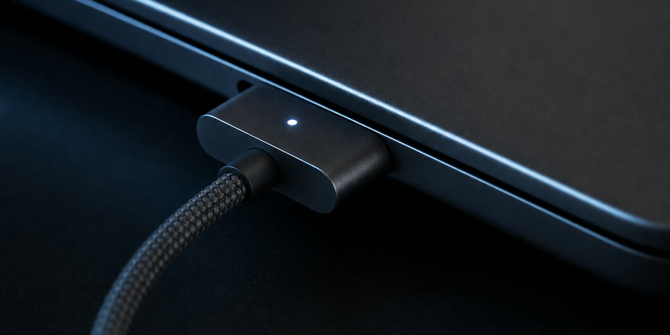 Macro of a MagSafe connector, its status light glowing.