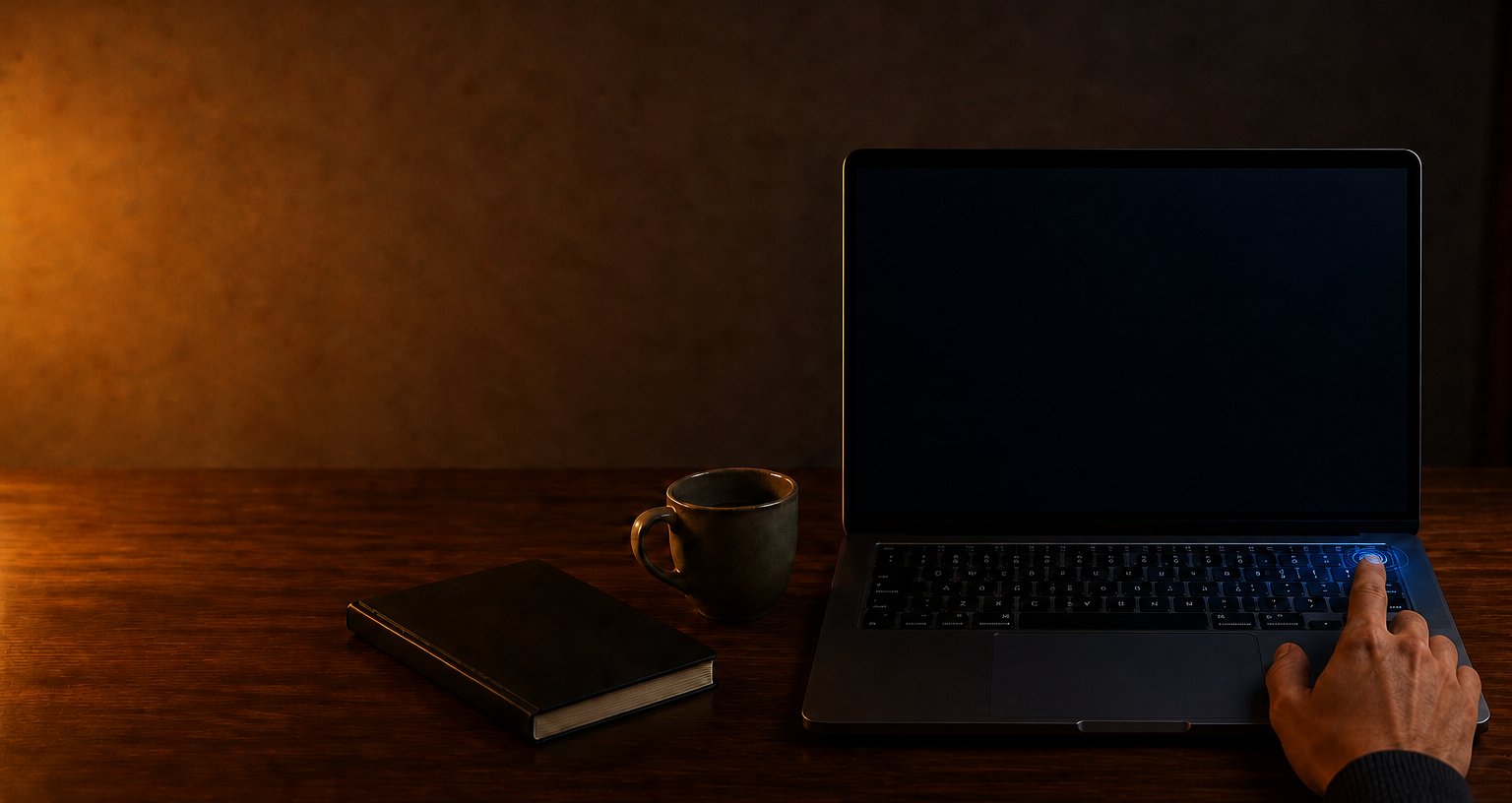 A right index finger on the fingerprint sensor key at the top right of a laptop keyboard, blue light radiating from under it