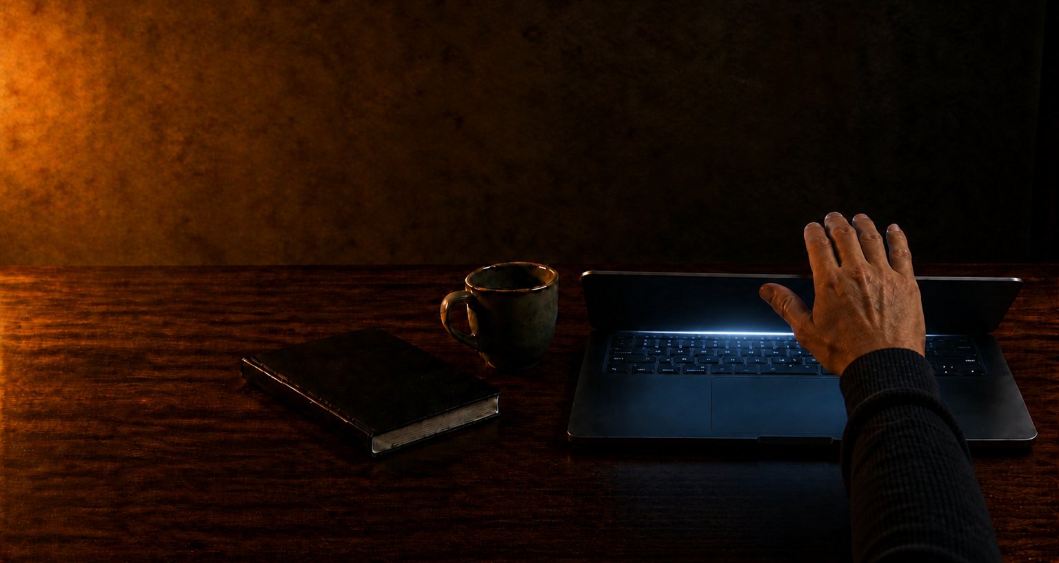 A right hand alone pressing a laptop lid closed, seen head on, blue light escaping the narrowing gap