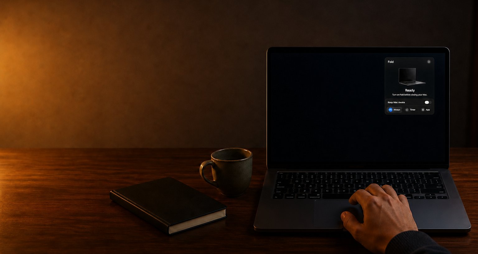 A laptop seen head on in a lamplit room, the Fold popover open in the top right of its screen reading Ready, a right hand resting on the trackpad