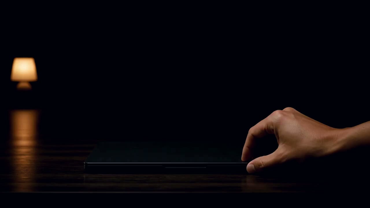 A hand lifting the MacBook lid, light spilling onto the desk; then the lock screen and Touch ID.