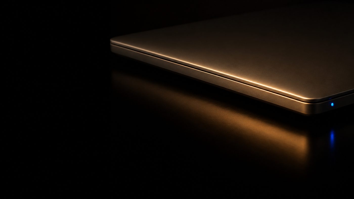 A closed laptop on a dark reflective surface, a warm amber light along its edge and one small blue indicator glowing at the seam.