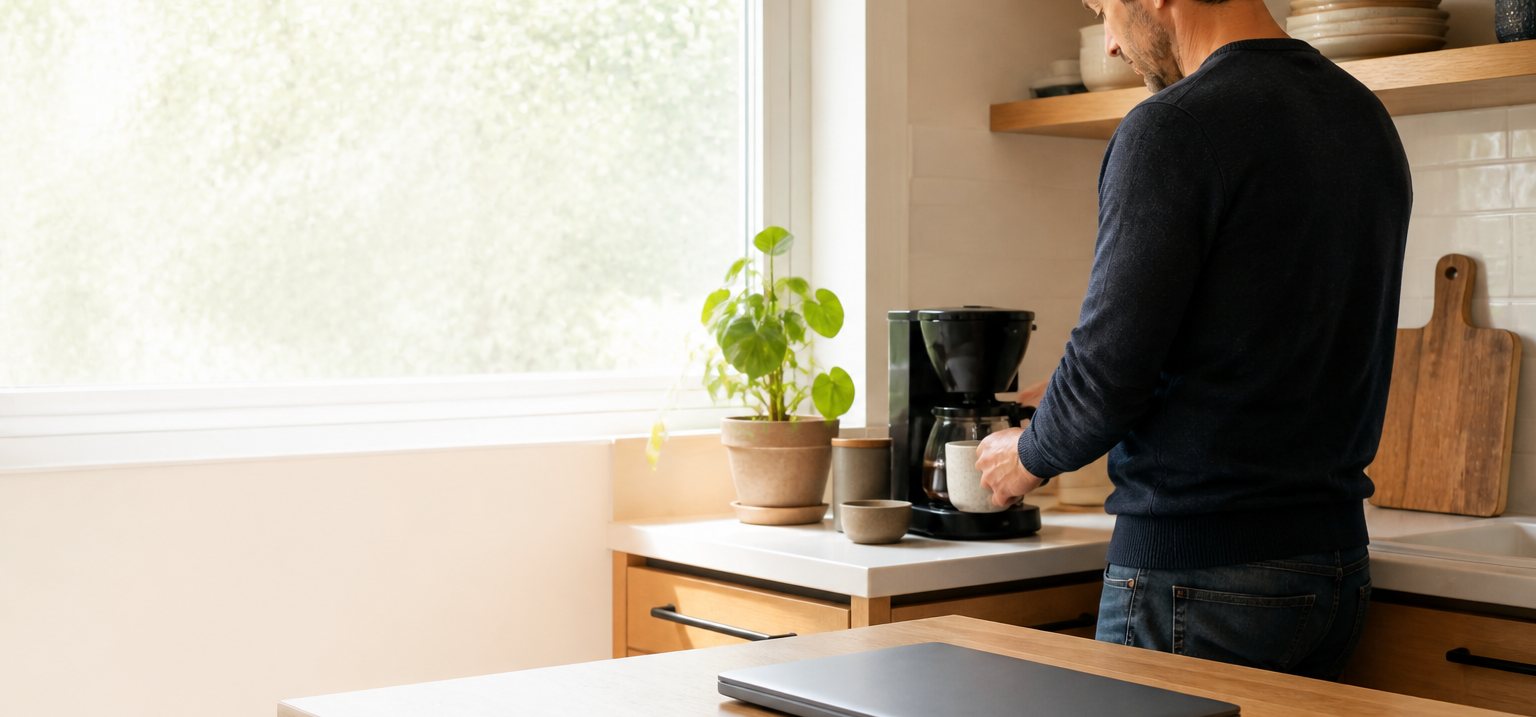 A person making coffee at a sunlit kitchen counter, a closed laptop further along the worktop