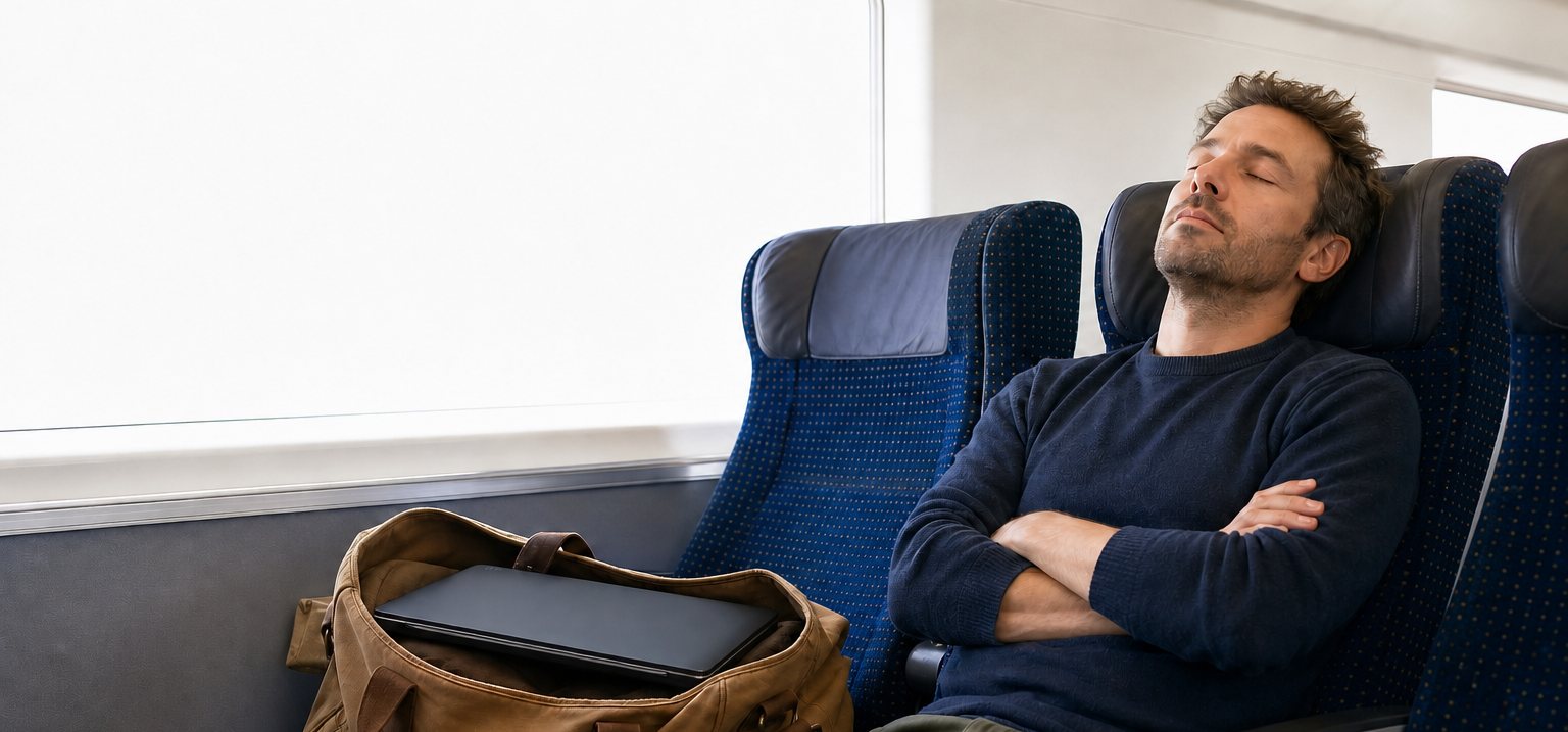 A man asleep against a train window, a canvas holdall open on the seat beside him with a slim closed laptop inside