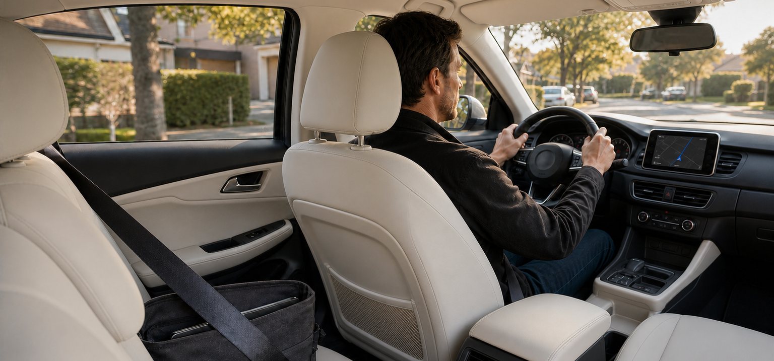 A man driving through a suburban street on the school run, a laptop in the bag on the seat behind him