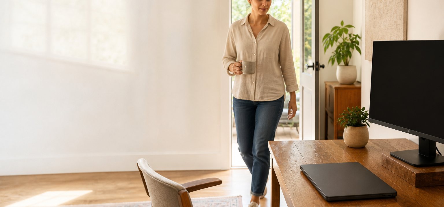 A woman walking back into a bright home studio with a mug, a closed laptop waiting on the desk