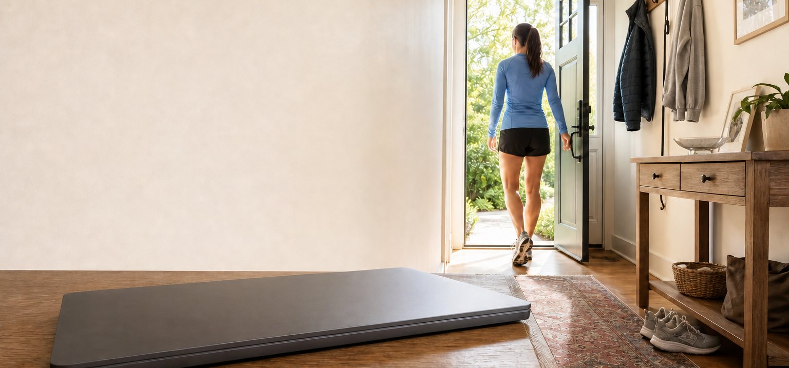 A woman in running clothes heading out through the open front door of a lived-in hallway, a slim closed laptop on the table in the foreground